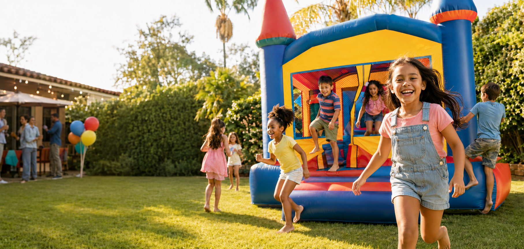 Children enjoying a colorful bounce house at a sunny birthday party
